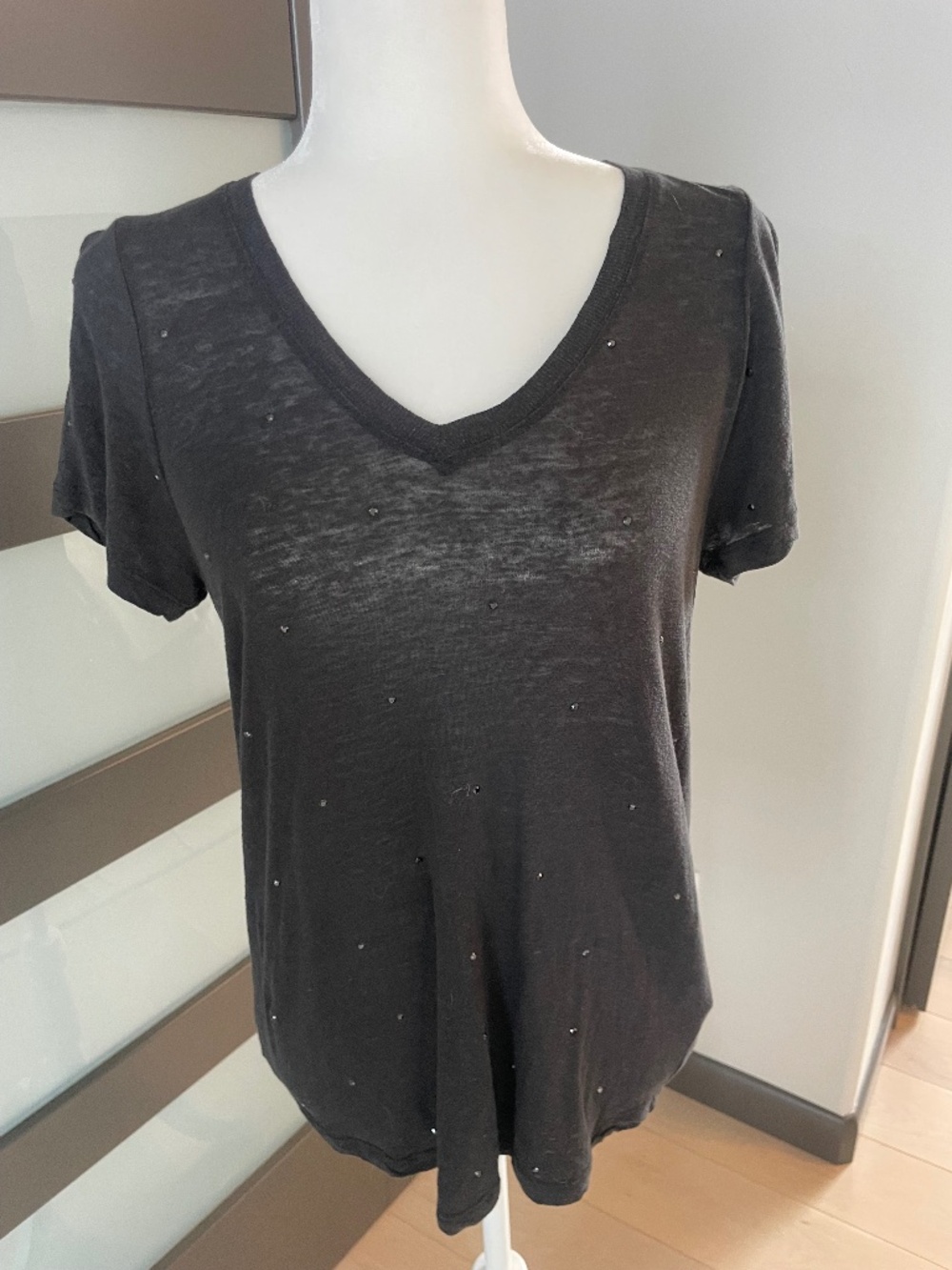 Zadig & Voltaire Atia Dots Rhinestone Linen V-Neck Tee Black